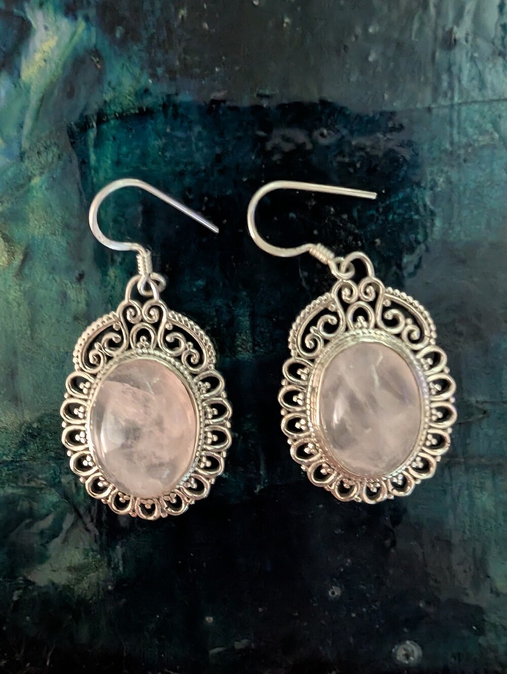 Antique Style Earrings 925 Sterling Silver Pink Rose Quartz Filigree Earrings - Picture 5 of 12